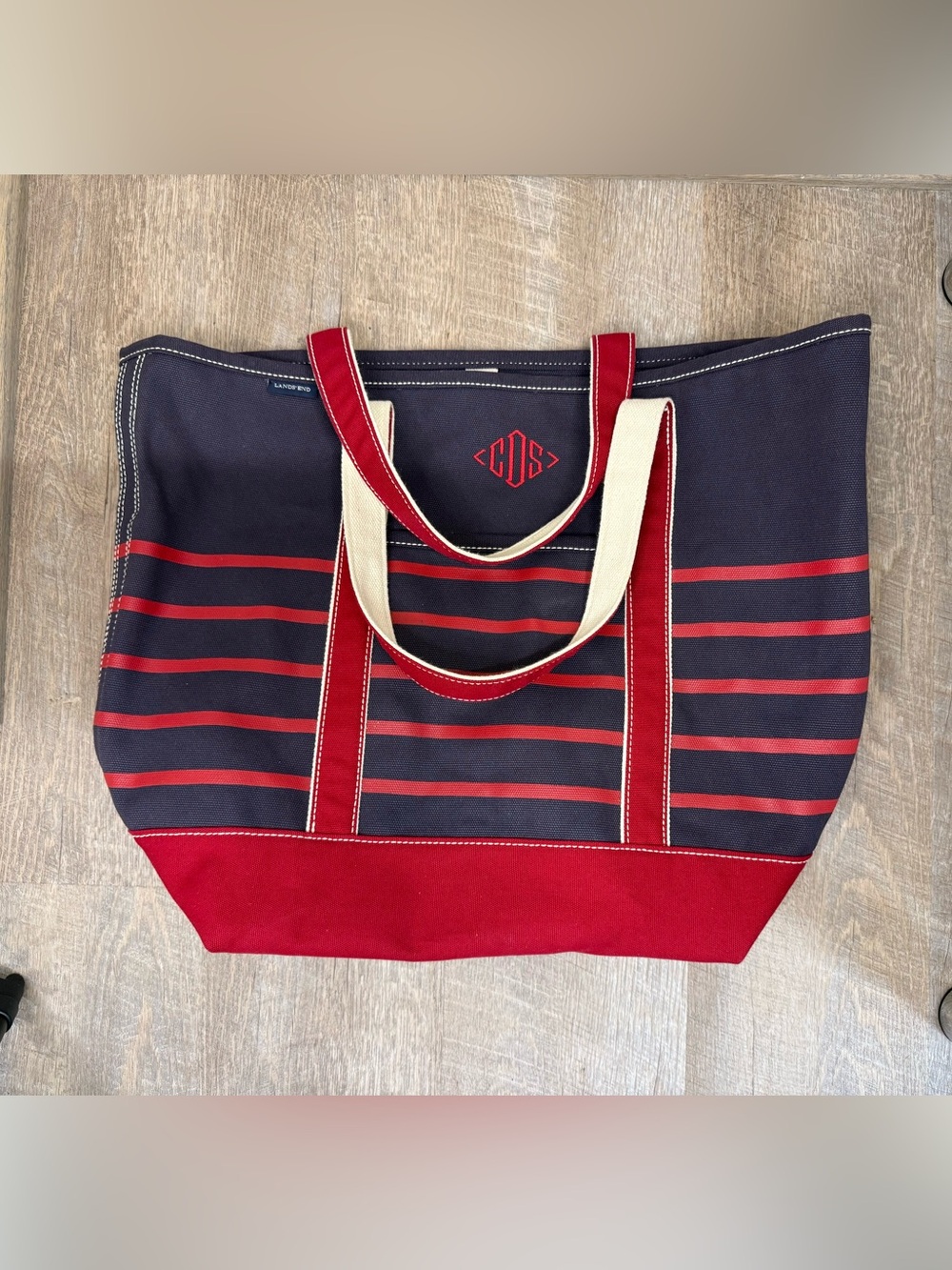 Lands' End Large Striped Canvas Boat Tote Bag Navy Red Monogram CDS 18"x22"x9.5"